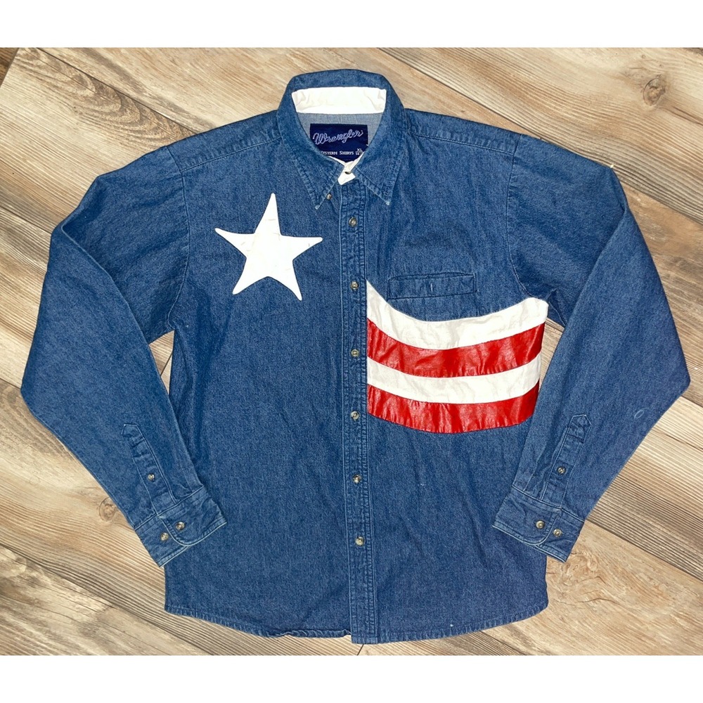 Vintage Wrangler Shirt Sz XL (14-16) Denim Button American Western Cowboy